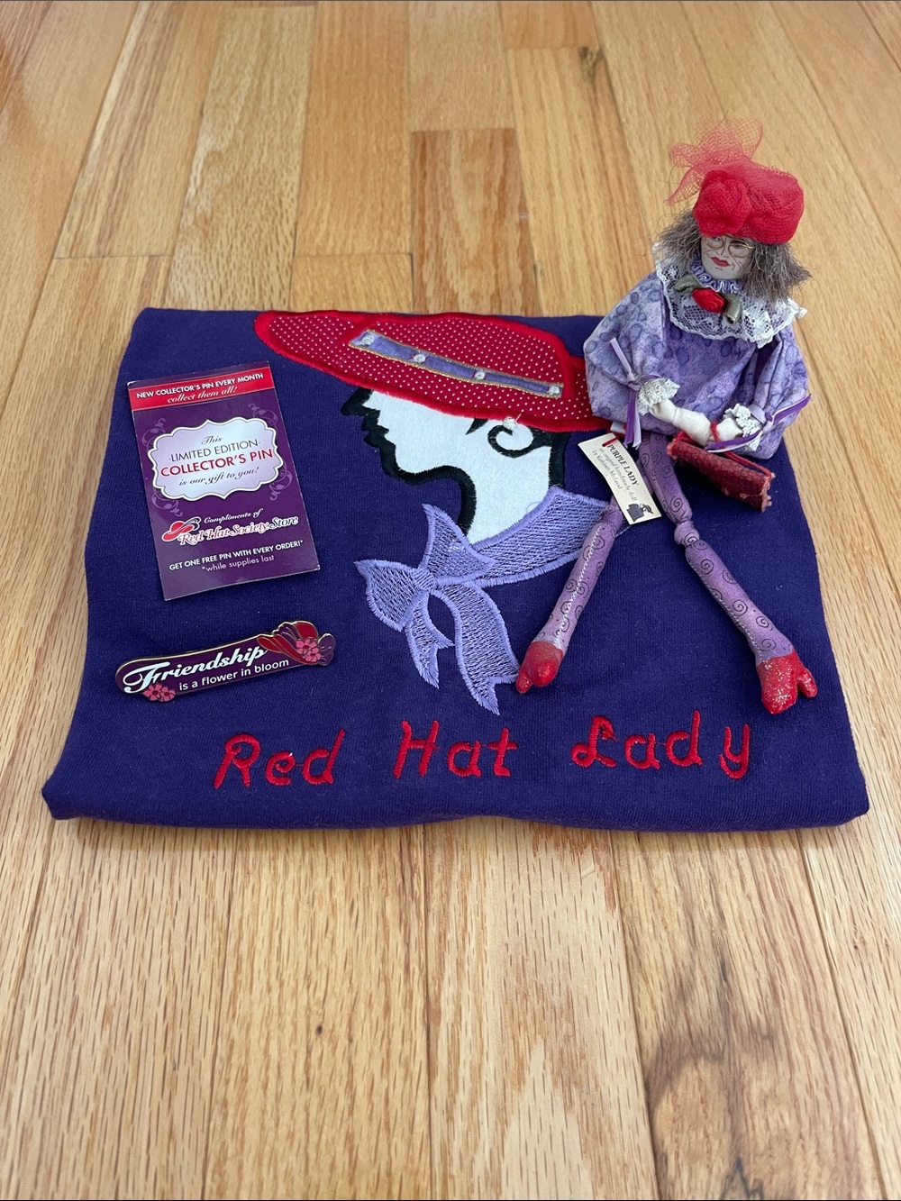 Red Hat Society Bundle S T-Shirt, Friendship Pin, Vintage Doll
